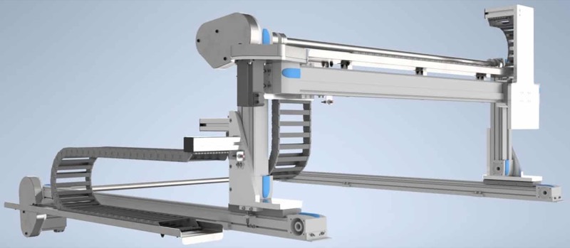 CAD render of a cartesian gantry handling system with linear rails, servo drives and cable chain management