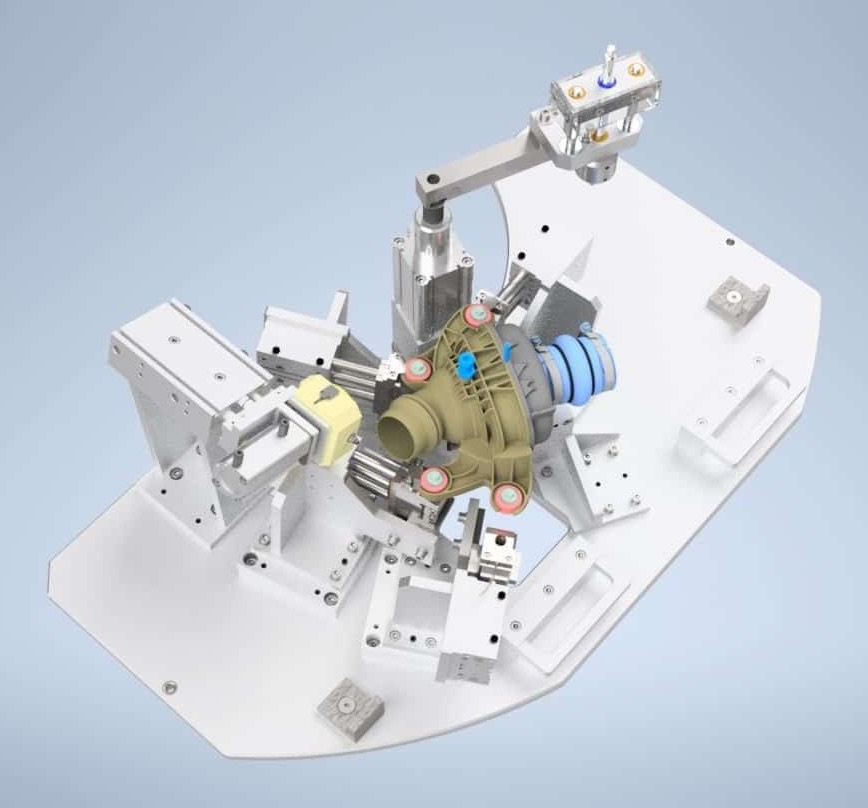 Full-size CAD render of a cast housing inspection fixture with pneumatic swing clamp