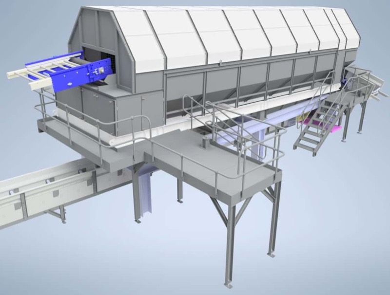 CAD render of enclosed hooded plant equipment on a raised steel access platform with stairs and a belt conveyor beneath