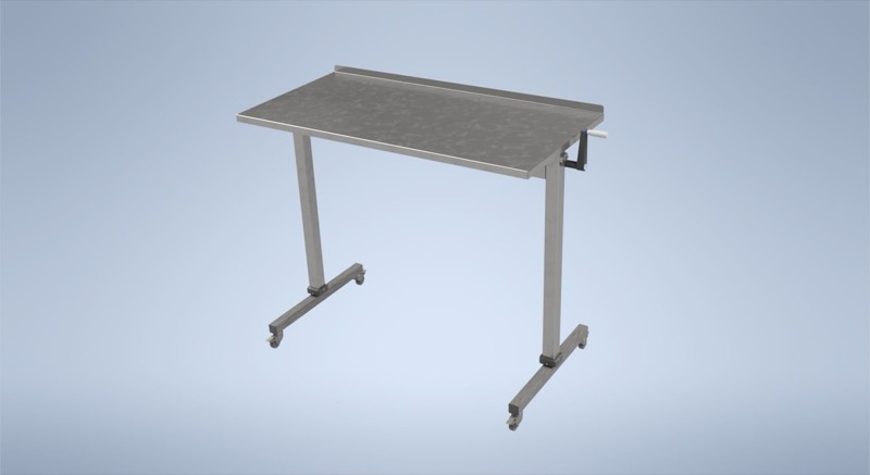 CAD render of a stainless steel height-adjustable mobile work table on castors with a hand crank
