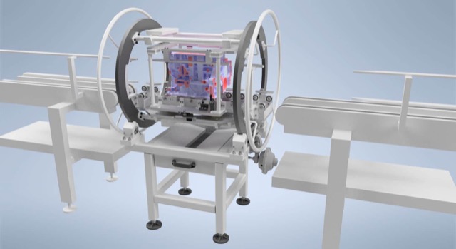 CAD render of a rotary engine block inspection jig between roller conveyors