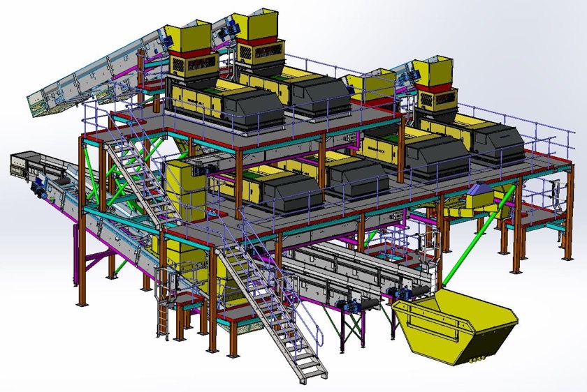 3D CAD general arrangement of a multi-deck material recycling and sorting plant