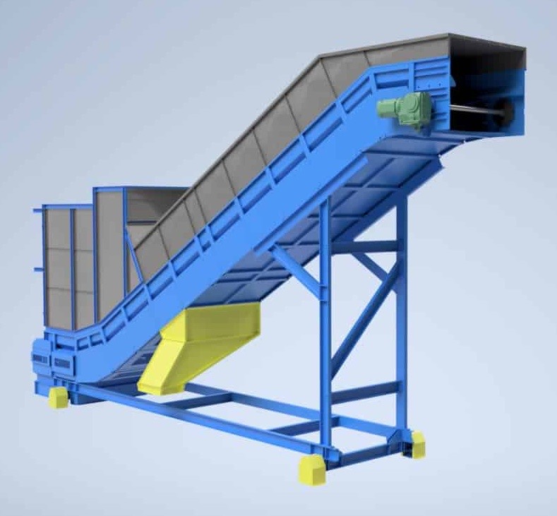 Full-size CAD render of an inclined belt conveyor with feed hopper