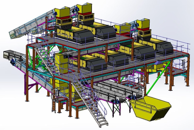 3D CAD general arrangement of a multi-deck material recycling and sorting plant with optical sorters, access platforms and belt conveyors