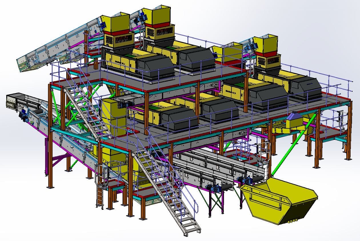 Full-size CAD general arrangement of a multi-deck material recycling and sorting plant