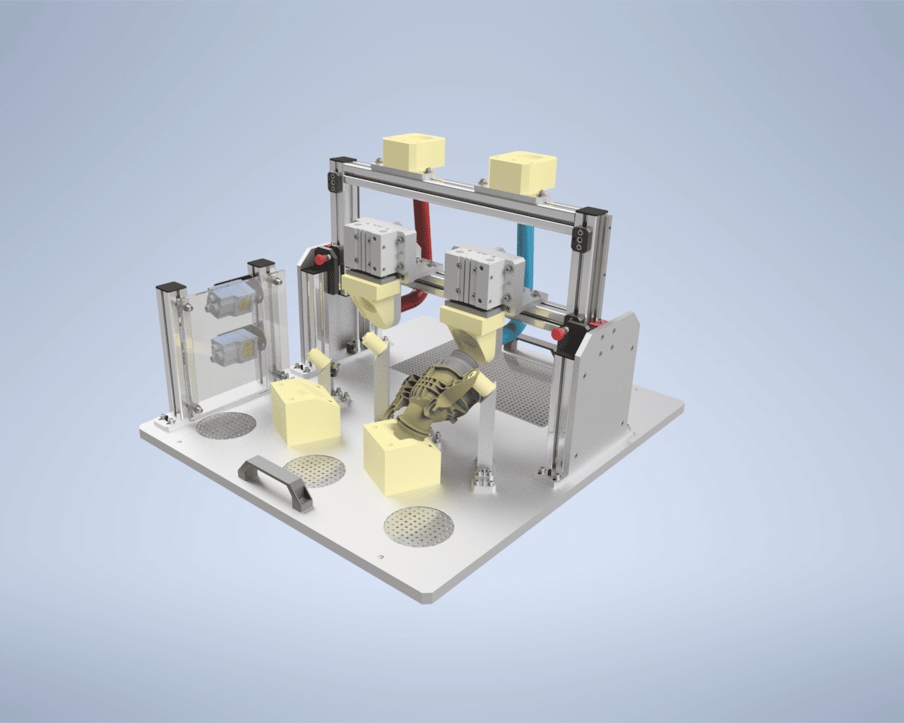 Full-size CAD render of a pneumatic clamping and inspection fixture
