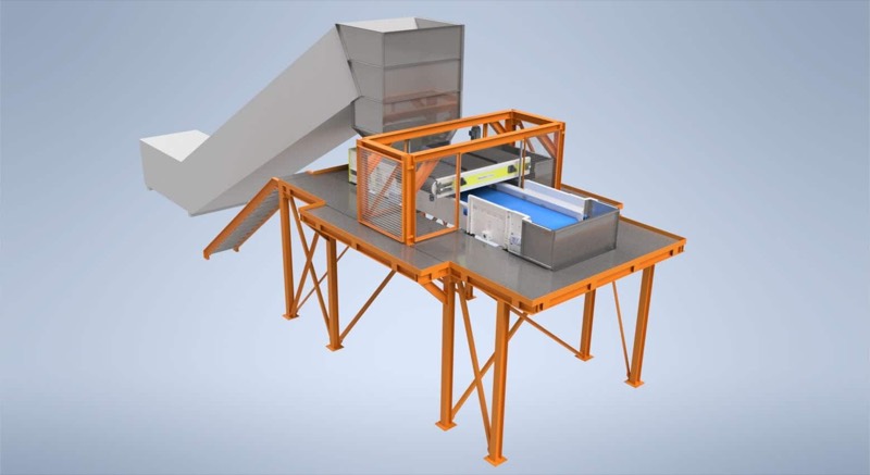 CAD render of an orange steel access platform carrying a guarded machine, feed chute and blue belt conveyor