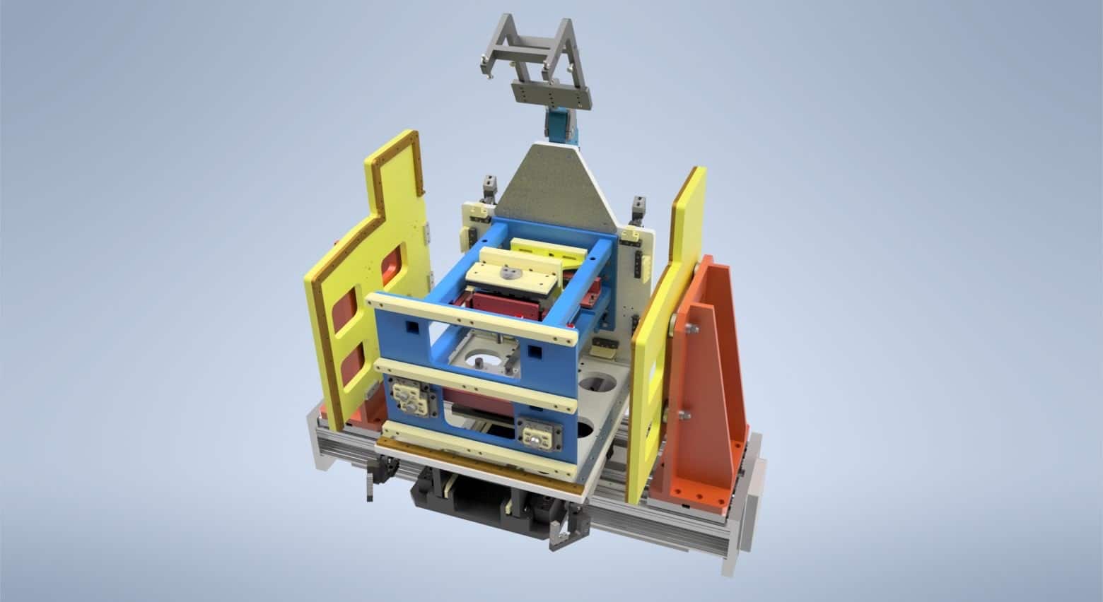 Full-size CAD render of a welding fixture with toggle clamps